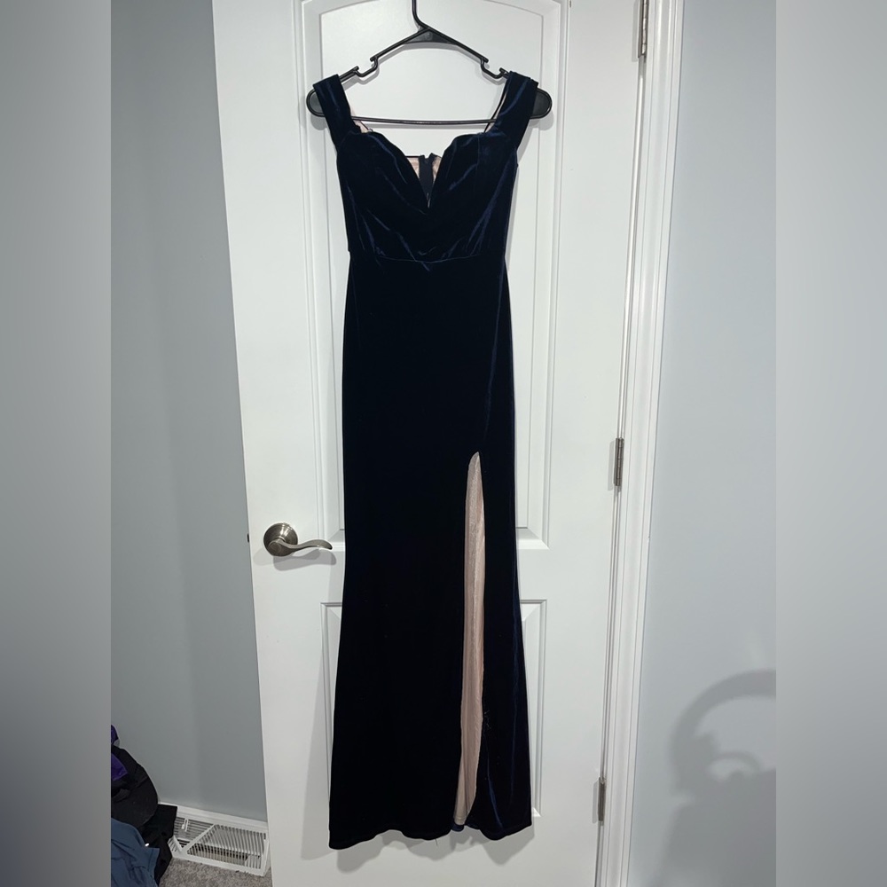 City studio, size 1, dark blue off the shoulder long dress with a leg slit.